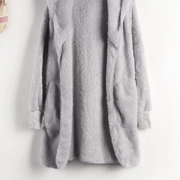 NEW! Super Soft and Fuzzy Fleece Hooded Grey Jacket Open Front Pockets - Picture 2 of 3